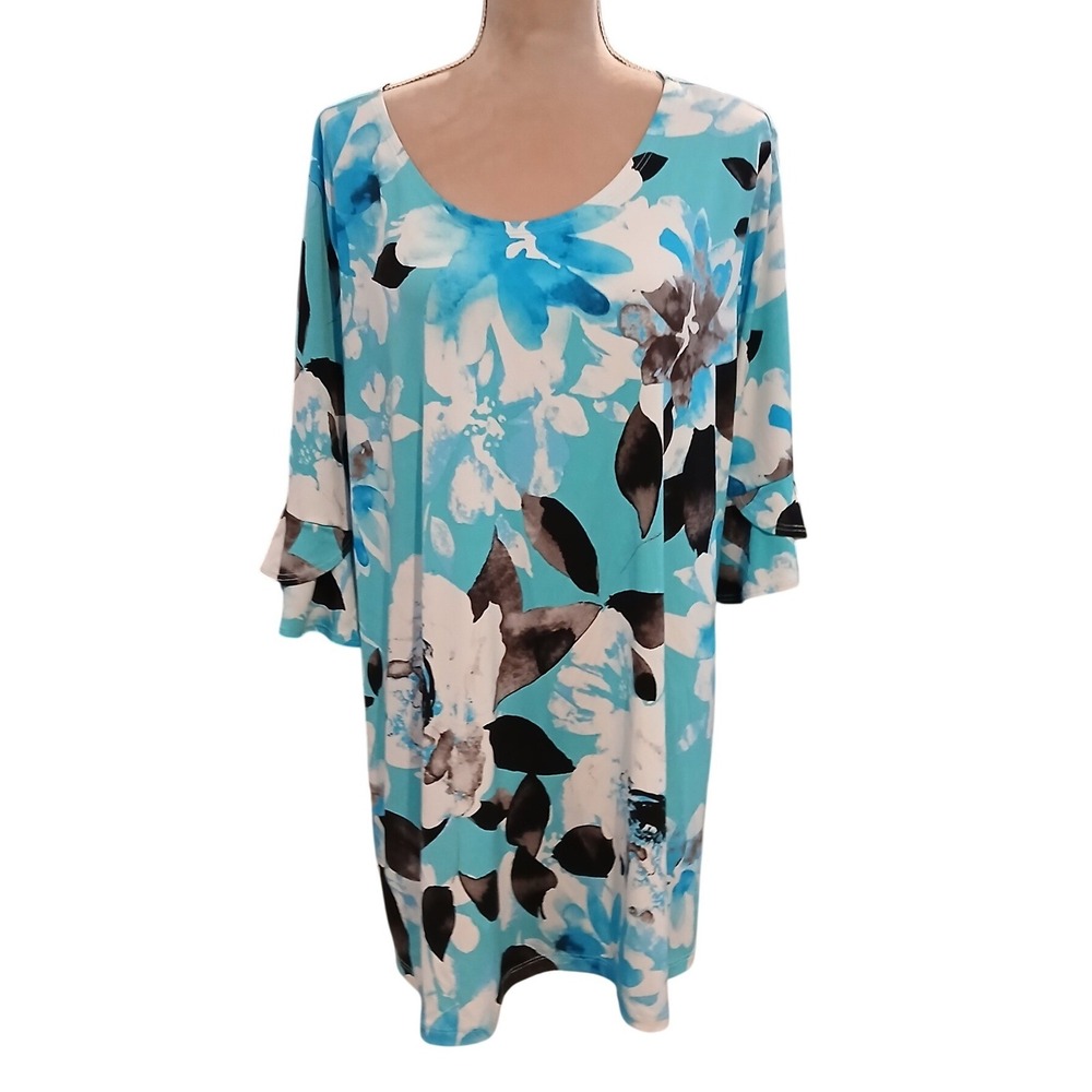 Clara Sunwoo Floral Tunic Top Turquoise Blue 3/4 Ruffle Bell Sleeve Womens XL